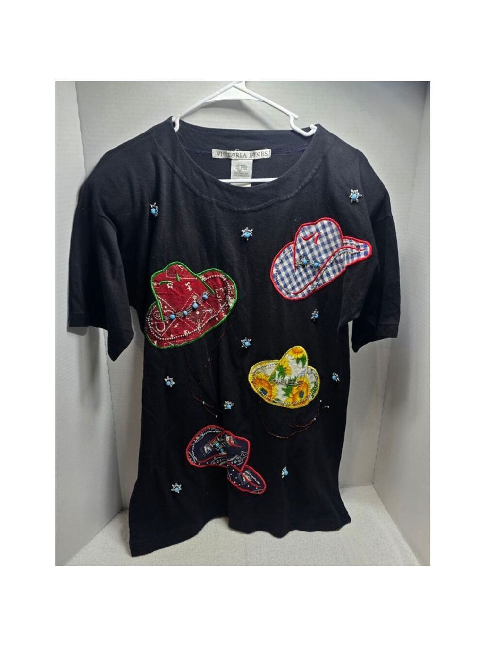 Women's Victoria Jones Black Short Sleeve Tee with Cowboy Hat Appliques S
